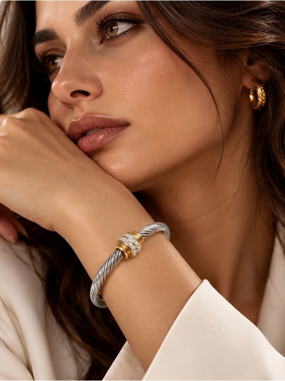 Anthropologie Two-Tone Cable Cuff Bracelet in Silver and Gold